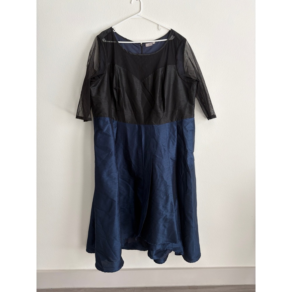 eShakti Navy Black Colorblock Mesh Sleeve Fit Flare Dress Plus Size 30W